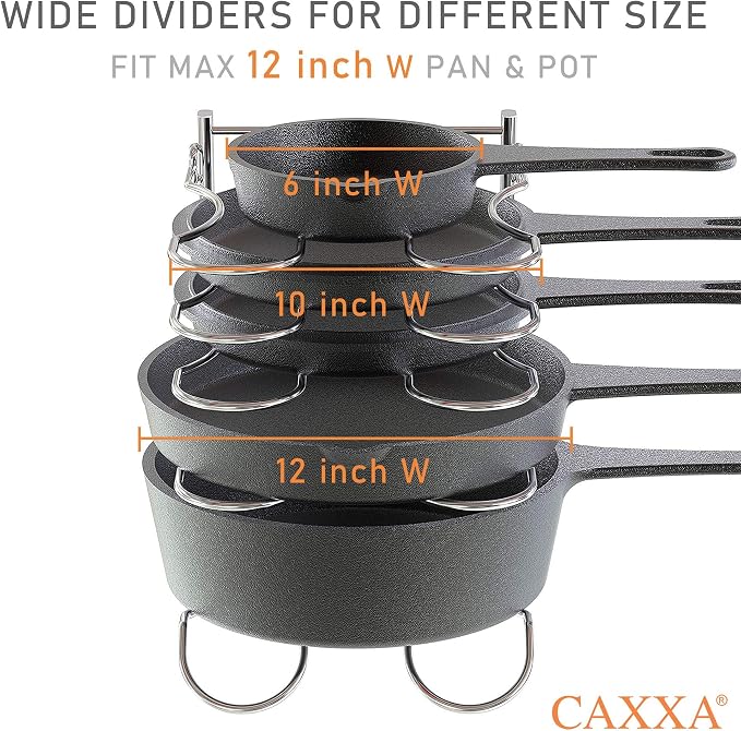 Heavy Duty Pan Rack, Pot Lid Rack, Kitchen Cabinet Pantry Cookware Organizer Rack Holder with 5 Adjustable Dividers, Chrome (Pack of 2)