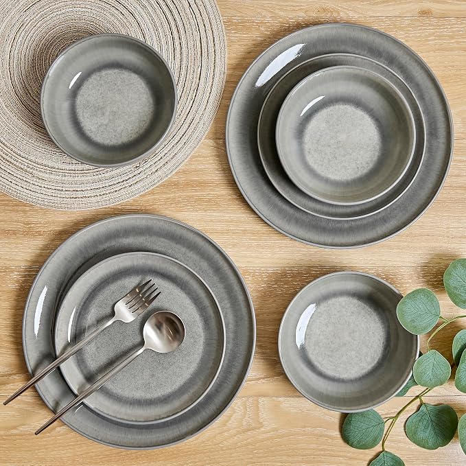 Sango Asher 12-Piece Stoneware Dinnerware Set for 4, Grey Ceramic Plates and Bowls Sets, Modern Dish Set with Reactive Glaze, Durable Kitchen Dishes for Casual Dining, Microwave & Dishwasher Safe