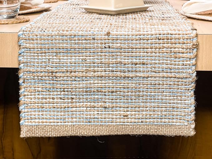 Natural Jute Table Runner, 13x72 Inch | Sky Blue-White, Vintage Boho Rustic Decor, Handwoven, Farmhouse Dining or Console Table Accent