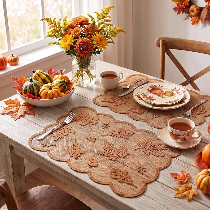 Artoid Mode Rust Maple Leaves Lace Fall Placemats Set of 4, 11x17 Inch Table Mats for Thanksgiving Party Dining Table Decoration