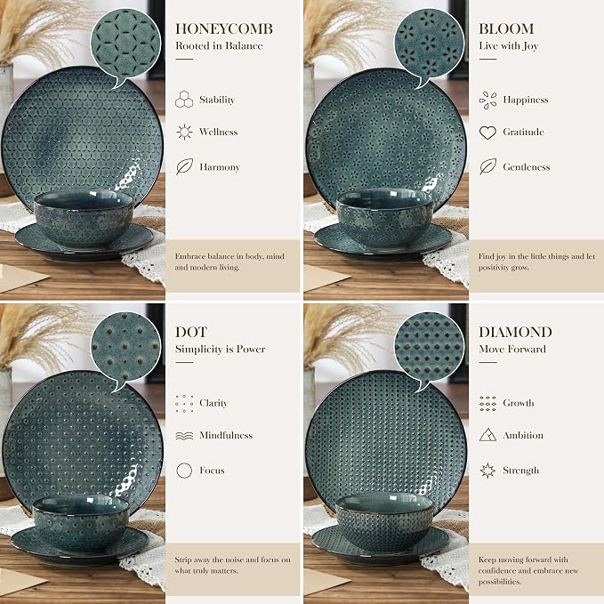 MALACASA 12 Pieces Dinnerware Sets, Farmhouse Plates and Bowls Sets, Embossed Green Dish Set for 4, Vintage Relief Ceramic Dish Set, Chip-Resistant, Microwave and Dishwasher Safe, Series LYDIA