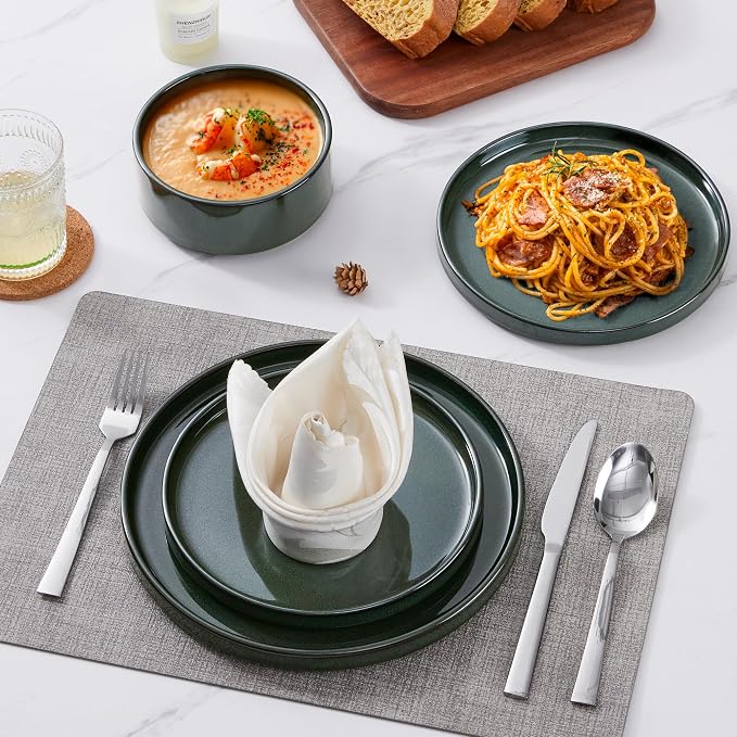 LIANYU Dinnerware Dishes Sets for 8, 24 Piece Plates and Bowls Dishware | Stoneware Modern Tableware Includes Ceramic Dinner Salad Plates, Cereal Bowls, Chip & Scratch Resistant, Hunter Green