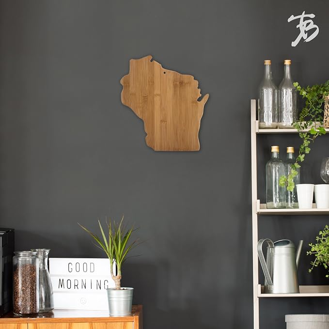 Totally Bamboo Wisconsin State Shaped Bamboo Serving and Cutting Board | State charcuterie board with natural bamboo grain. Knife-friendly surface for food prep. Hang tie for wall display.