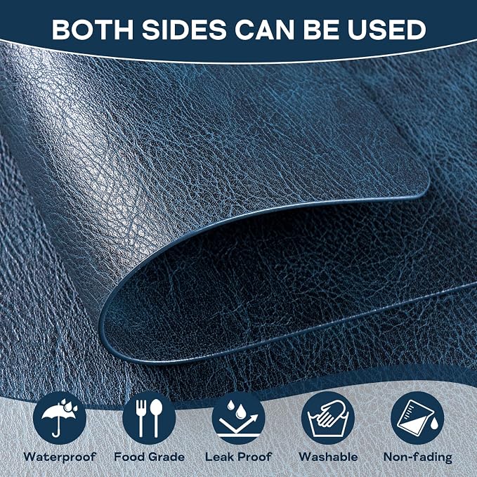 Faux Leather Placemats Set of 6 Heat Resistant Table Mats 17×12 Inch | Waterproof & Wipeable Place Mats Set of 6 Dual Sided Table Placemats for Kitchen Dining Decor Indoor Outdoor 43×30CM NavyBlue