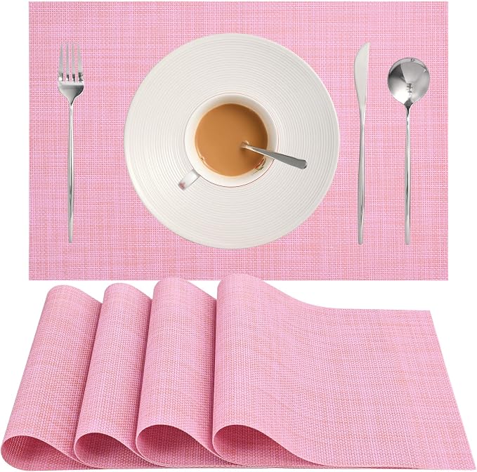 Zupro Pink Placemats Set of 4 Woven PVC 18"x12" for Indoor Outdoor Usage | Washable Heat-Resistant Non Slip Table Mats PVC Vinyl Kitchen Dining Patio Table Place Mats for Holidays Dinner Parties BBQs