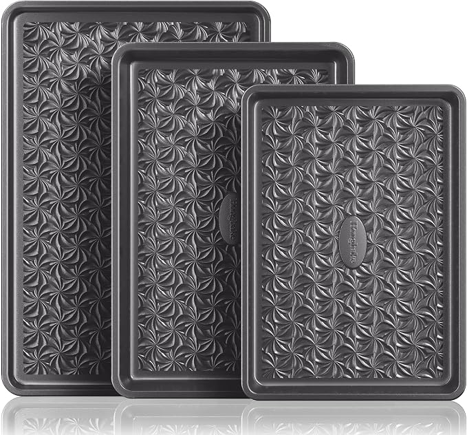 Nonstick Baking Sheet Pan Set of 3, Cookie Sheets for Oven, Non-Toxic, Gray | Half, Quarter & Jelly Roll Pans, Floral Swirl Texture, Heavy-Duty 0.8mm Carbon Steel, Even Heat Distribution