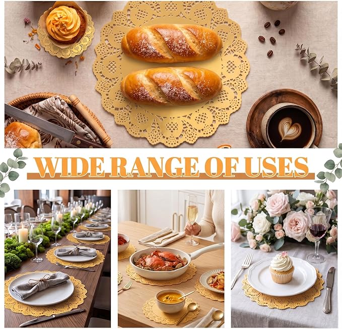 100 Pack 13.5 Inch Round Gold Paper Doilies, Disposable Lace Placemat | Rustic Scallop Foil Doily Table Pads, Heavy-Duty Paper Place Mats for Cakes, Crafts, Parties, Weddings, Buffet, Home Decor