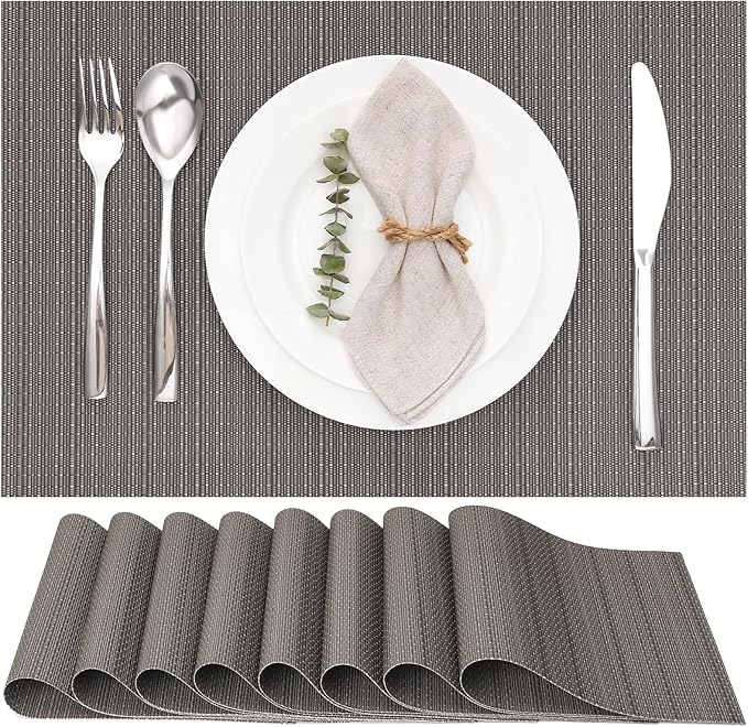 Myir JUN Placemats Set of 8 Kitchen and Dining Table Placemats | Vinyl Placemats Place Mats Indoor/Outdoor Set of 8 Washable Table Mats Non-Slip Place mats for Dining Table, Dark Gray