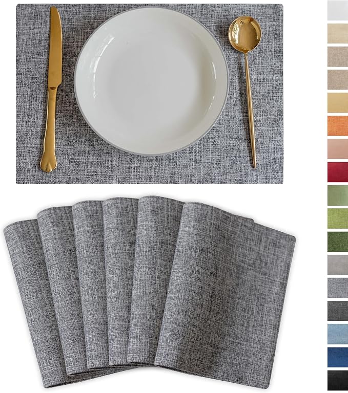 Demetex Cloth Placemats Set of 6 Table Mats Gray Linen Place Mats for Buffet Kitchen and Dining Room, Ash Grey