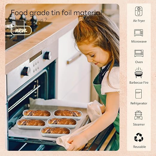 NPLUX Foil Loaf Pans with Lids, 50 Pack Silver 6.8oz for Takeout Meals | Use for mousse layers, cheesecake squares, blondies and candies; single-base workflow helps limit dish handling.