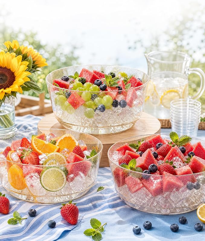 8 Pack Gold Glitter Serving Bowls for Buffet | 128oz Heavy Duty Disposable Plastic Bowls, Perfect for Party Snack, Salad, Candy & Bar Buffet