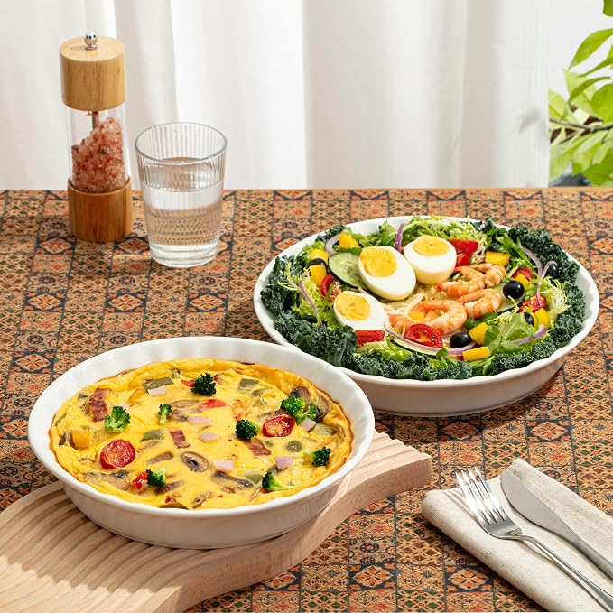 Brew To A Tea BTaT- Ceramic Pie Pan for Baking, 2 Pack, 10.5" & 9.5", Porcelain Ceramic Pie Plate for Salad, Pasta, Fruit and Tart, Freezer, Oven, Microwave and Dishwasher Safe
