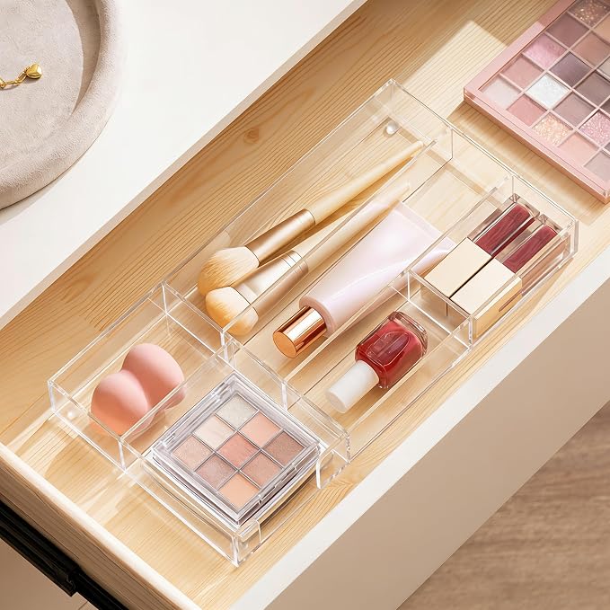 HBlife Acrylic Desk Drawer Organizer Tray with 6 Compartments, Small Clear Office Drawer Organizers and Accessories for Pens, Pencil, Makeup, Desktop, Bathroom and Kitchen, 11.65 x 6.1 x 1.38 Inch