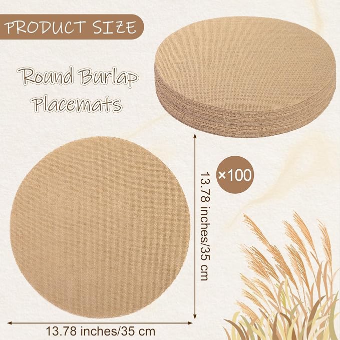 Aneco 100 Pieces Round Burlap Placemats 13.78 Inch Reusable Brown Table Mats Heat Resistant Natural Jute Fibers Placemats Burlap Circle Rustic Table Decorations for Dinner Holiday Farmhouse Decor