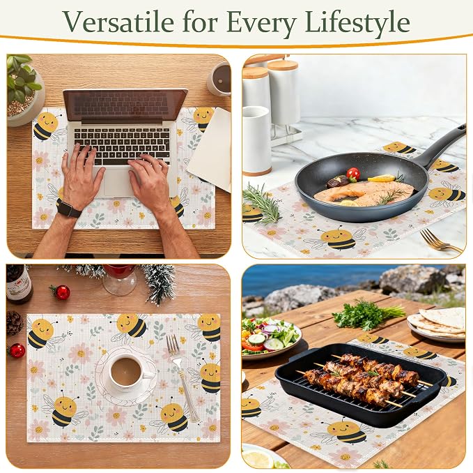 Table Placemats Set of 6,Cute Bee Cloth Placemats,Spring Flowers Heat-Resistant Table Mats for Kitchen Dining Room Decoration,Non-Slip Fabric Place Mats 11.8x17.7 Inch