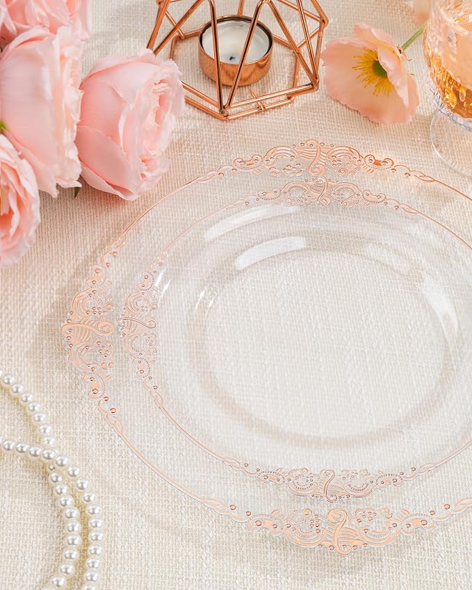 Nervure 175Pcs Rose Gold Plates, Disposable Party Plates for 25 Guests | 25 7.5" Dessert & 25 10.25" Dinner Plastic Plates, 75 Gold Silverware, 25 9oz Cups, 25 Napkin for Wedding & Party, Heavy-duty