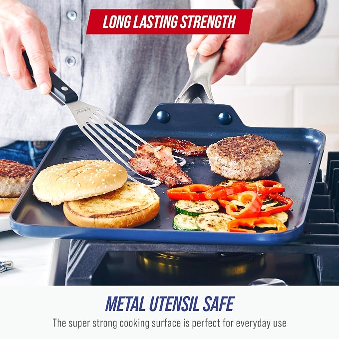 Blue Diamond 11" Diamond Infused Ceramic Nonstick Square Griddle Pan, Blue | PFAS-Free Ceramic Nonstick, Dishwasher & Oven Safe, Stay Cool Handle, Durable Metal Utensil Safe, Pancake Pan