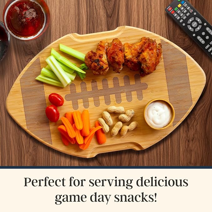 Totally Bamboo Flip, Serve & Store Football Charcuterie Board with Lid | Football-shaped serving board with locking travel cover for tailgates and game day parties. Prep side includes juice groove.
