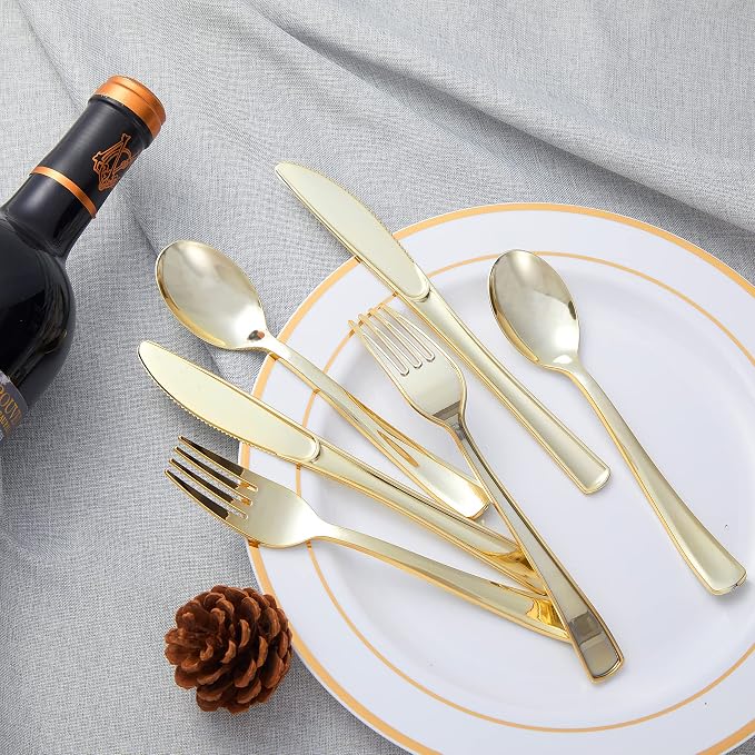 300PCS Gold Plastic Silverware, Disposable Plastic Cutlery/Utensils | Heavy Duty Flatware, 100 Forks, 100 Spoons, 100 Knives, for Party, Wedding & Everyday Use