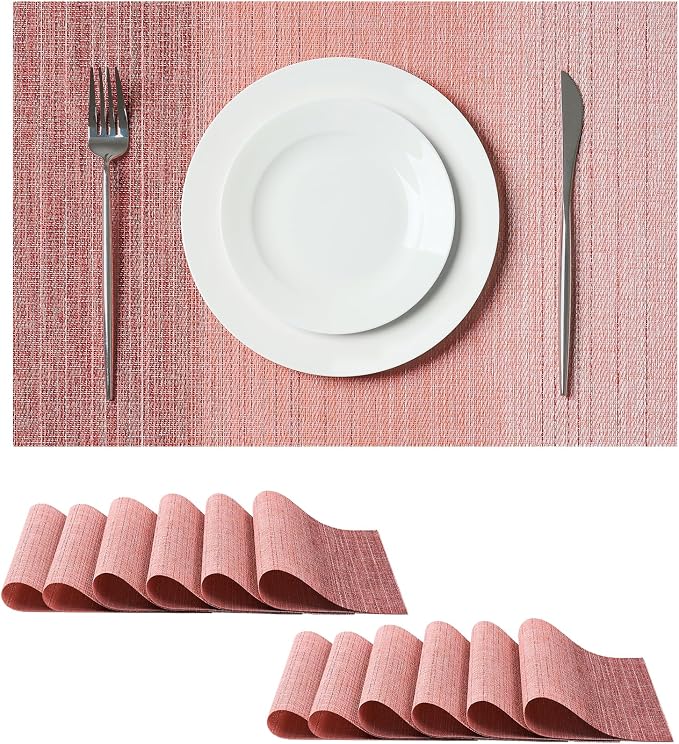 Leetaltree Gradient Pink Woven Placemats Set of 12 - Heat Resistant Non-Slip Place mats for Dining Table, Washable Durable PVC Vinyl Woven Table Mats(Gradient Pink, 12)