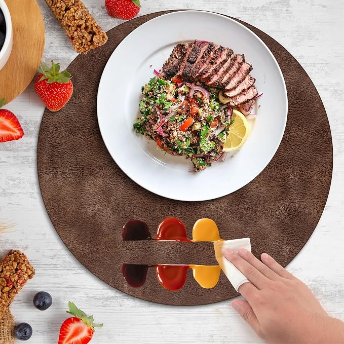 ADRIMER Placemats, Heat Resistant Round Placemats Set of 6 Washable, Waterproof Table Mats, Wipeable Faux Leather Place Mats for Kitchen, Dining Room, Brown