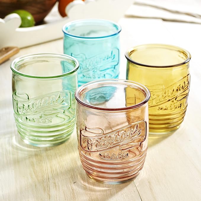 Glaver's Set Of 4 Original Mason Collins Glasses Assorted Colored Drinking Glasses For Juice Smoothies Cocktails Fine Beverage Glass Cups HAND WASH(Original Mason Whiskey Colored 13 OZ.)