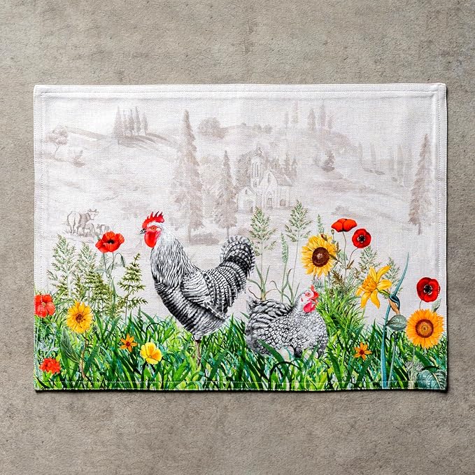 Maison d' Hermine Placemats Set of 4 Reusable 100% Cotton (13"x19") | Cloth Place Mats Washable Table Mats for Kitchen Dining Party Wedding Hotel Home Restaurant Spring Summer - Basse Cour
