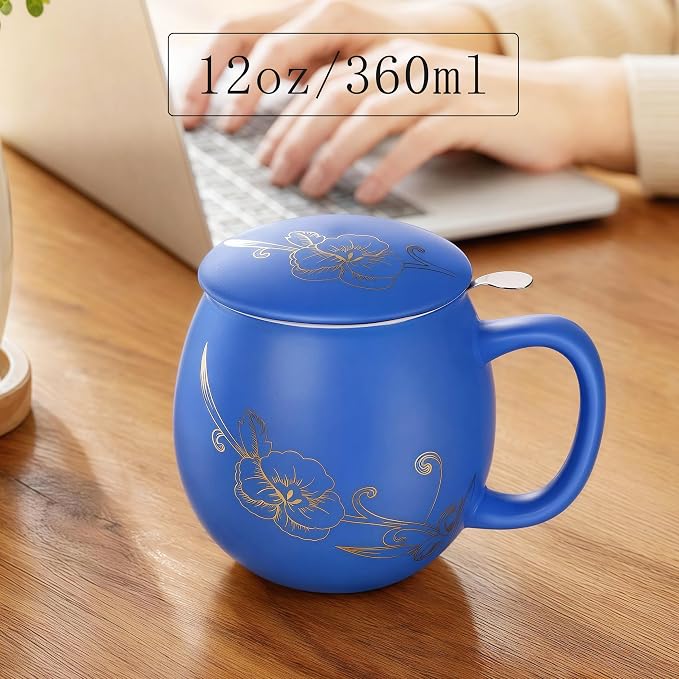 Yundu 12 OZ Ceramic Mug with Lid & Tea Strainer - Matte Blue Tea Cup with Golden Flower, Stainless Steel Infuser for Loose Leaf Tea