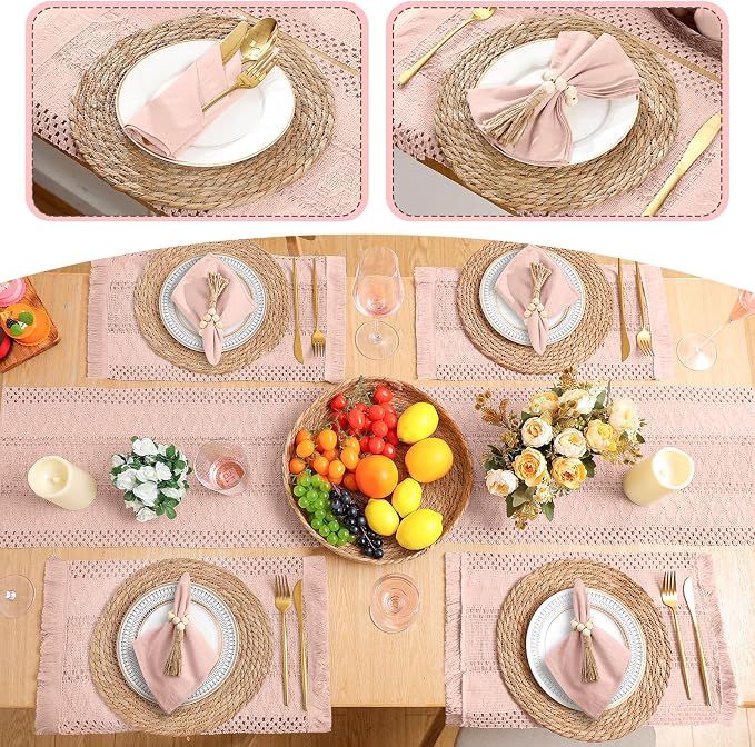 6 Sets Boho Decoration Placemats Round Woven Placemats, Cloth Napkins, Wood Bead Napkin Rings, Long Table Runner and Farmhouse Burlap Cotton for Table Kitchen (Pink,12x72)