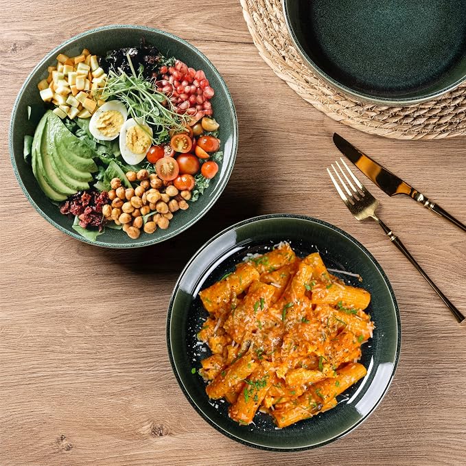 GBhome 8.75'' Large Ceramic Pasta Bowls, 38oz Stoneware Pasta Serving Bowls Set of 4 for Kitchen, Wide Bowls for Fruit,Pasta,Salad,Oatmeal,Meal, Microwave Safe, Reactive Glaze-Earth Green