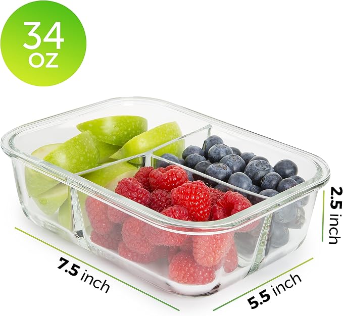 PrepNaturals 5 Pack 34oz Glass Meal Prep Containers - 3 Compartments | Borosilicate Glass Meal Prep Containers - Airtight Leak-Resistant Lids, Microwave, Oven & Freezer Safe (5-Pack, 34 oz)