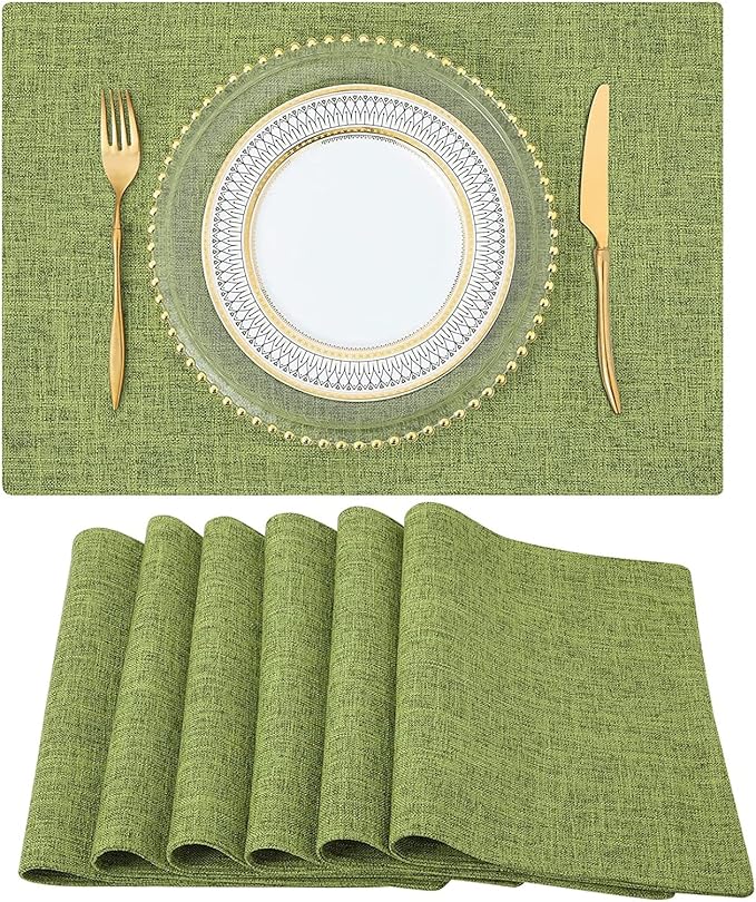 Faux Cotton Linen Placemats Set of 6, Cloth Washable Farmhouse Dining Table Mats for Indoors & Outdoors, Easy to Clean, Grass Green, 13 x 19 Inch