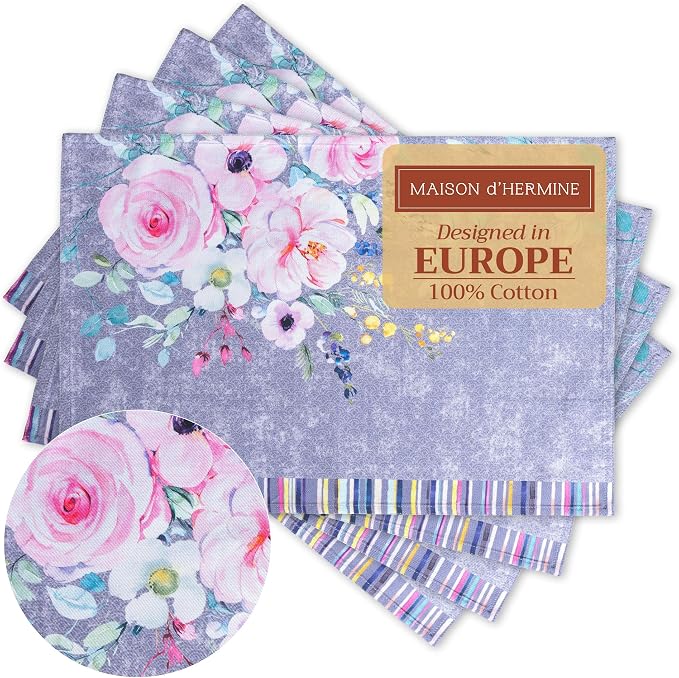 Maison d' Hermine Placemats Set of 4 Reusable 100% Cotton (13"x19") | Cloth Place Mats Washable Table Mats for Kitchen Dining Party Home Restaurant Spring Summer - Sweet Rose Lavender - Lush