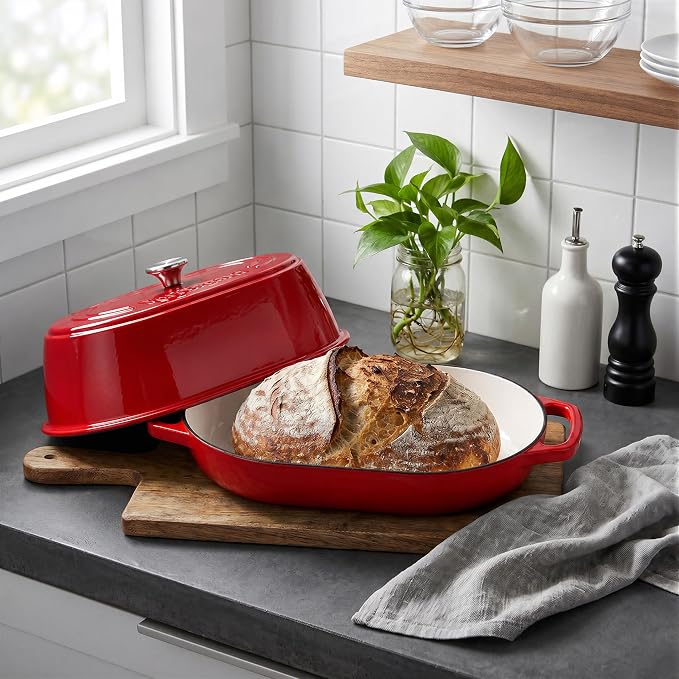Enameled Cast Iron Dutch Oven Pot with Dome Lid, Oval Bread Oven for Homemade Sourdough Bread Baking, Oven Safe up to 500°F, 6 Quart, Red