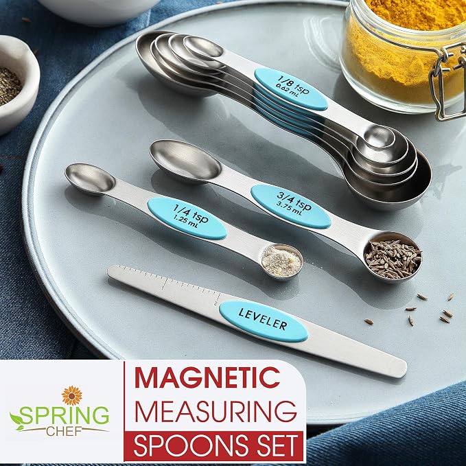 Spring Chef Stainless Steel 8 Magnetic Measuring Spoons, 2 Pack, Aqua Sky | Nesting Metal Teaspoon & Tablespoon Measuring Spoons with Leveler for Dry & Liquid Ingredients, Dual Sided, Dishwasher Safe