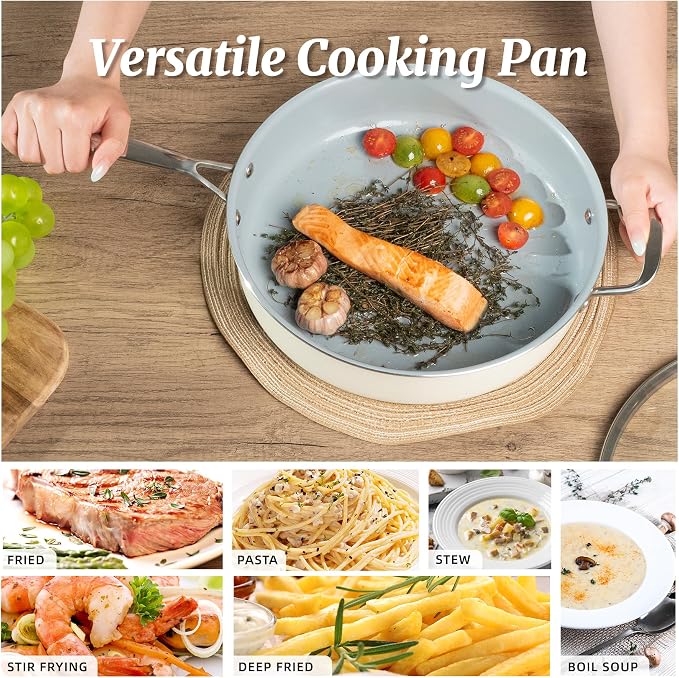 Nonstick Sauté Pan with Lid 5 QT Deep Frying Pan with Stainless Steel Handle 12 inch Large Skillet Ceramic Jumbo Cooker for Cooking Induction Compatible Frying Pan, Cream White