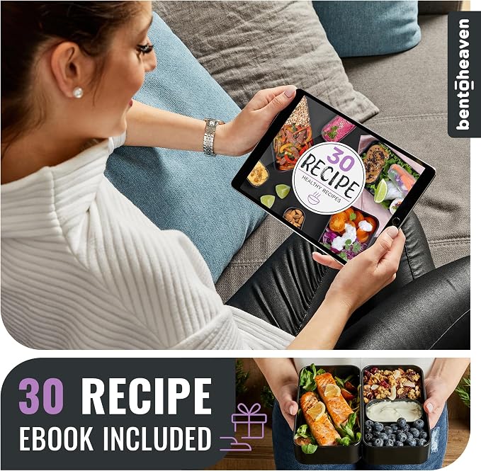 Bentoheaven Bento Box Adult, Stackable Lunch Box, 40 oz, Violet Me Go | BPA-free, leakproof and microwave-safe with 2 compartments, utensils, chopsticks, divider and sauce cup for men and women.