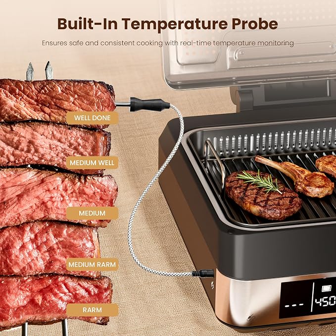 Kismile 2-in-1 Smokeless Electric Grill,Digital Display,Meat Probe,Nonstick | Indoor Grill and Griddle Combo,Dishwasher Safety,Temperature Control for Steak, Pancakes, Bacon