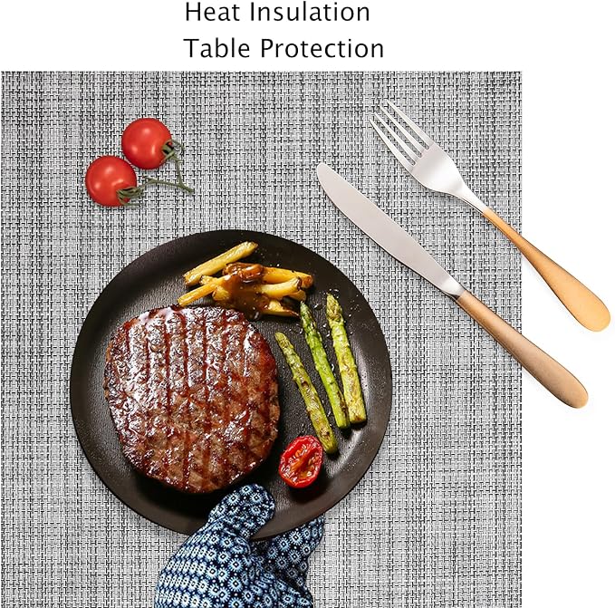 Myir JUN Placemats Set of 6 Kitchen and Dining Table Placemats | Vinyl Placemats Place Mats Indoor/Outdoor Set of 6 Washable Table Mats Non-Slip Place mats for Dining Table, Gray