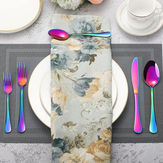Rainbow Silverware Flatware Set for 8, 40 piece Stainless Steel Colorful Cutlery With Titanium Plated, Tableware Kitchen Eating Utensil Set Include Knife/Fork/Spoon, Mirror Polished, Dishwasher Safe