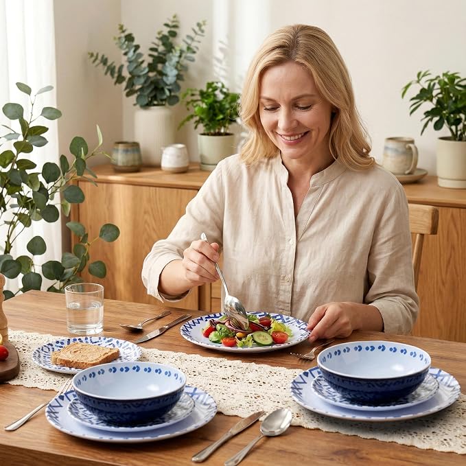 12pcs Melamine Dinnerware Set - Unbreakable Plates and Bowls Set | Blue Grid Stripes Dinner Dish Set for Indoor/Outdoor Use - Modern Style Service for 4 - Break-Resistant Dishwasher Safe