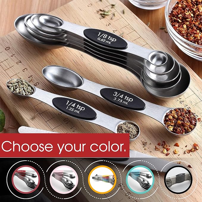 Spring Chef Stainless Steel 8 Magnetic Measuring Spoons Set, 2 Pack, Black | Dual Sided Metal Teaspoon & Tablespoon Measuring Spoons with Leveler for Dry & Liquid Ingredients, Nesting, Dishwasher Safe