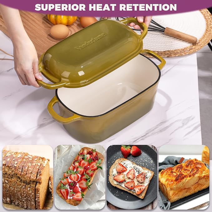 4.6-Quart Oval Dutch Oven for Bread Baking | 2 in 1 Cast Iron Bread Pan with Lid, Sourdough Baking Pan for a Crispy Crust, Olive