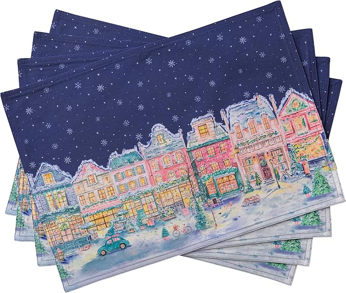 Maison d' Hermine Placemats Set of 4 Reusable 100% Cotton (13"x19") | Cloth Place Mats Washable Table Mats for Kitchen Dining Party Wedding Home Thanksgiving Christmas - Christmas Market - Blue