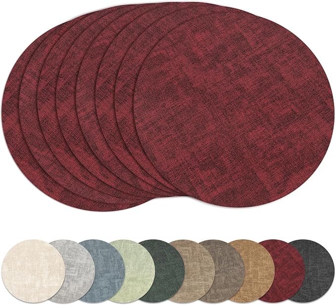 13" Round Placemats Set of 8, Reversible Faux Leather Wipeable Table Mats | 2mm Vinyl Heat Resistant, Waterproof Oilproof Scratch Proof Non-Slip, Washable for Kitchen Dining Indoor Outdoor (Burgundy)