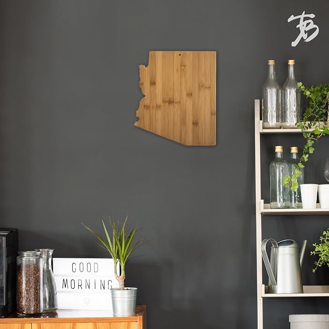 Totally Bamboo Arizona State Shaped Bamboo Serving and Cutting Board | State charcuterie board with natural bamboo grain. Knife-friendly surface for food prep. Hang tie for wall display.