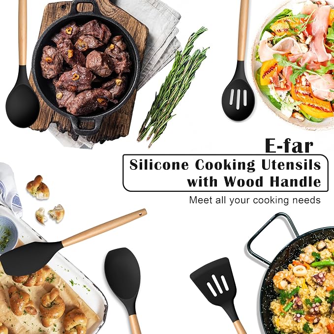 E-far Silicone Cooking Utensils Set, 5-Piece Black Kitchen Utensils Set with Wooden Handle for Cooking, Silicone Kitchen Nonstick Tools Spatula Turner Slotted Spoons, Nontoxic & Heat Resistant-Black