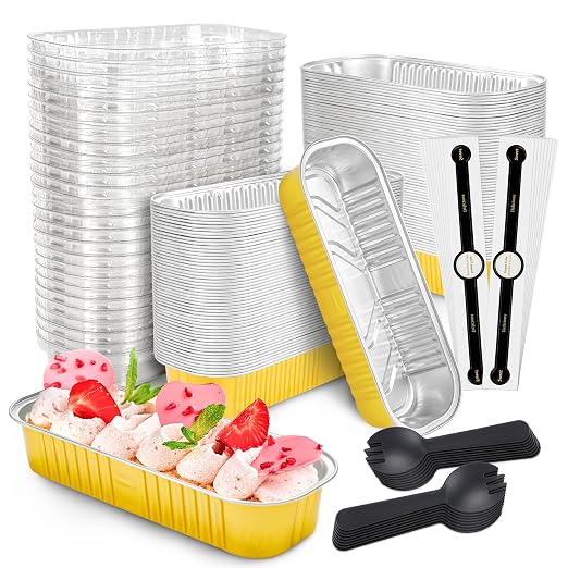NPLUX Loaf Pans with Lids, 100 Pack Gold 6.8oz for Dessert Displays | Works for sweet bites, savory samples, dips and layered cups; single-base workflow helps limit dish handling.