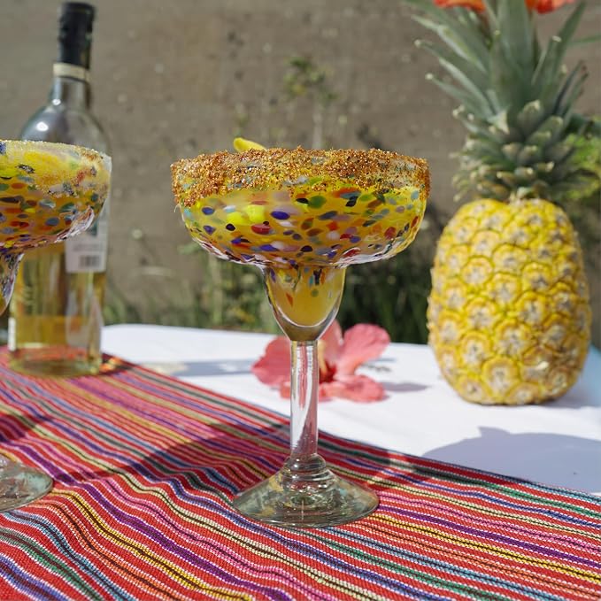 Confetti Dots Hand Blown Margarita Glasses Set of 4 – Colorful Mexican Glassware – 14 oz Recycled Glass Margarita Glass – Hand blown Mexican Drinking Glasses for Cocktails & Tequila