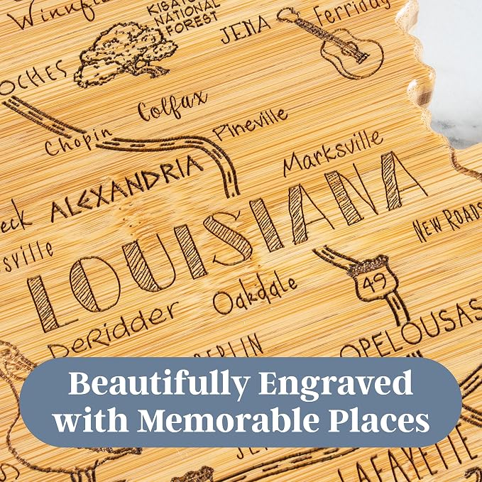 Totally Bamboo Destination Louisiana State Shaped Cutting Board | State charcuterie serving board with engraved map artwork. Smooth reverse side for food prep. Hang tie for wall display.